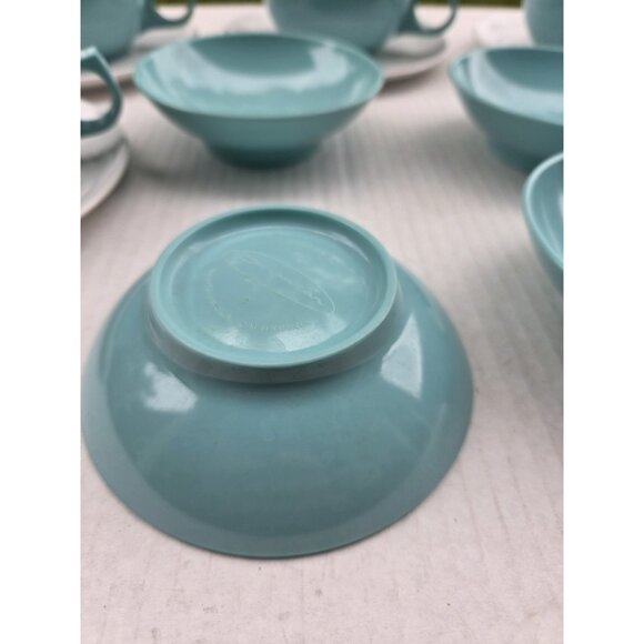 Set 14 Vintage MCM Melmac Durawear White & Turquoise Coffee Cups Berry Bowls - Picture 4 of 13